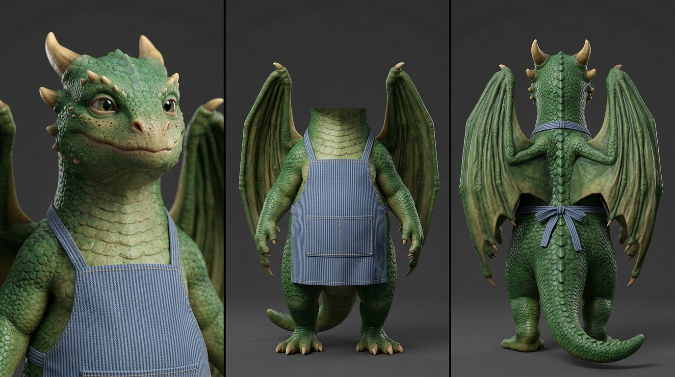 Pip’s approved dragon reference with green scales, golden horns, wings and a blue apron