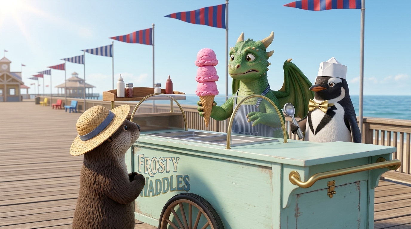 Pip the dragon and Barnaby the penguin at their seaside cart