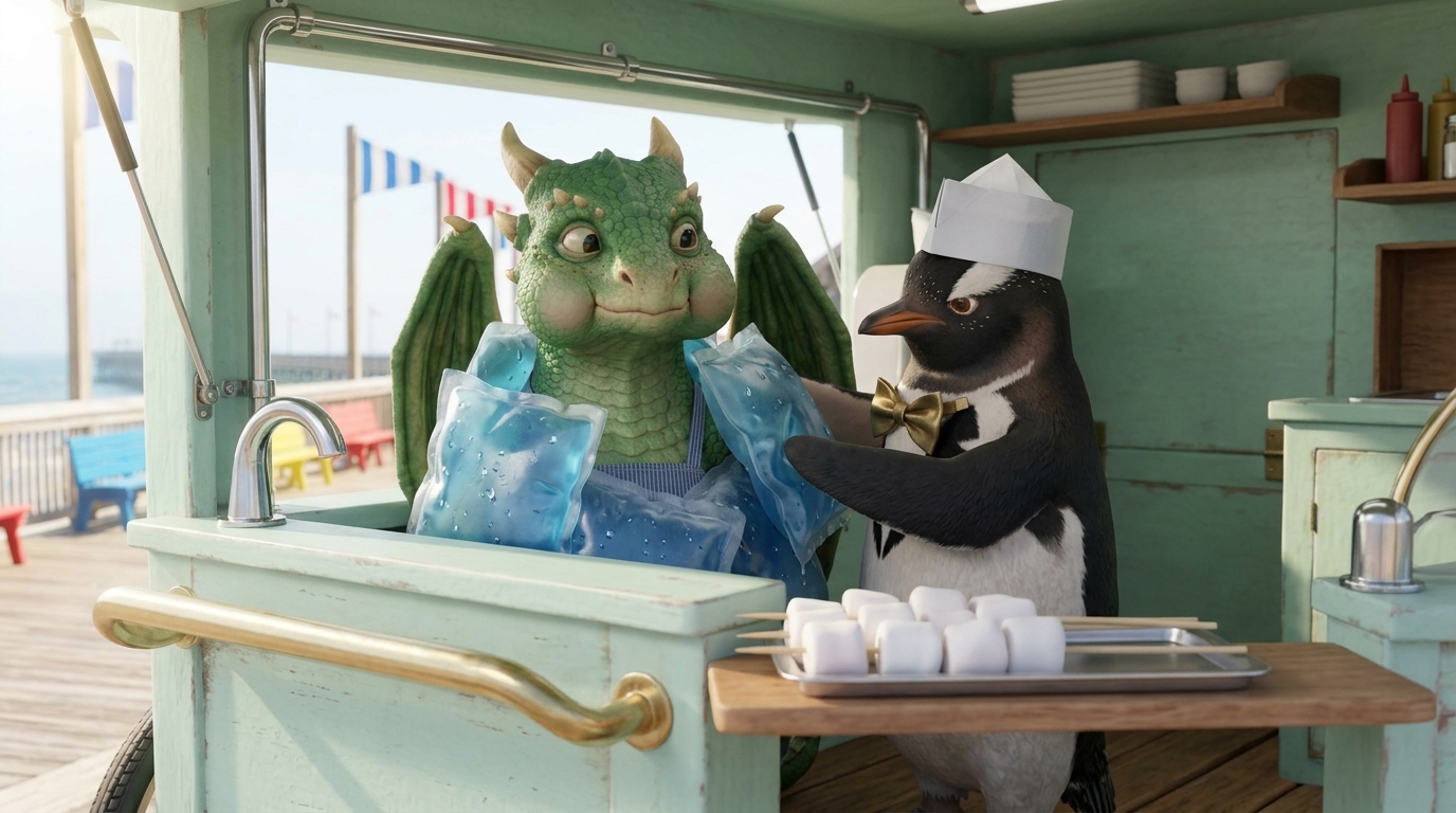 Barnaby cools Pip with ice packs beside a tray of marshmallows