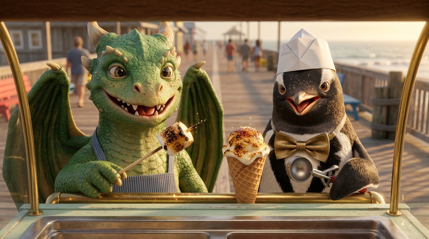 Pip the green dragon and Barnaby the penguin proudly showing their toasted desserts