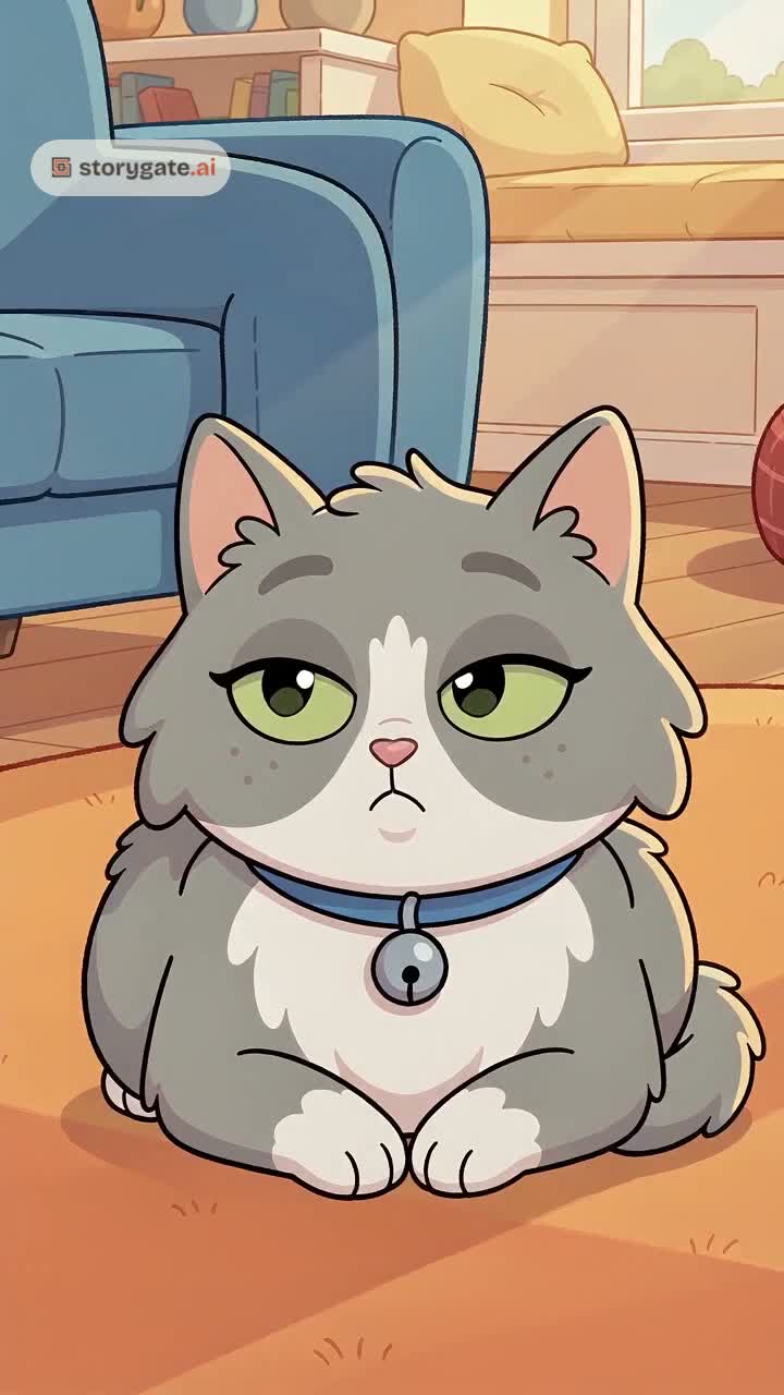 Mochi the grey cat in the family living room, from The New Baby animated series
